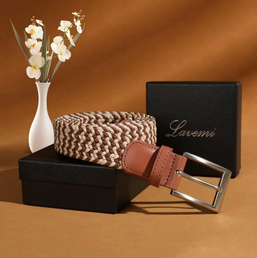 Adjustable From 44"-48" Waist Woven Belt Tan Cream Colored Silver Hardware - Picture 5 of 5